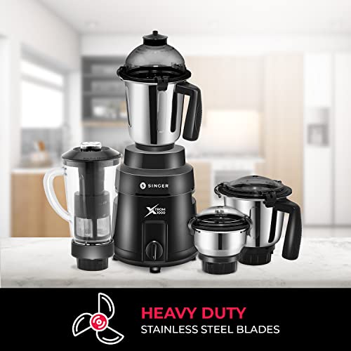 Image of Singer Xtrom Mixer Grinder 1000 Watts 4 Jar includes 3 Stainless Steel Jar, 1 Transparent Jar with Fruit Filter - Black