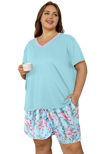 Image of Vozanet Women's Short Sleeve Top and Shorts Pajama Sets Plus Size V Neck Colorful Flower Nighty Loungewear With TWO Pockets