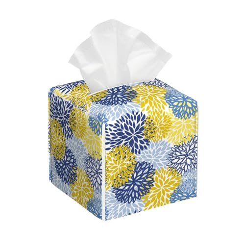 POIUBLE Yellow and Navy Chrysanthemum Flower Tissue Box Cover Leather Tissue Box Holder Square Facial Paper Organizer Dispenser for Bathroom Kitchen Bedroom Vanity Countertop Night Stands by POIUBLE - Used condition - US$11.80