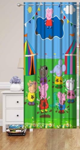 Image of Papa Pig Cartoon Theme Window Curtains for Play School /Kids Room Parde for Decoration, 4x7 feet Long Set of 3 Pc