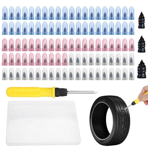 Image of Linkstyle 100PCS Tire Repair Kit, Screw-in Tire Plug Set with 3 Sizes Rubber Plugs, Flat Tire Puncture Repair Screws for Car Truck Motorcycle SUV Roadside Emergency Fix with Screwdriver & Storage Case