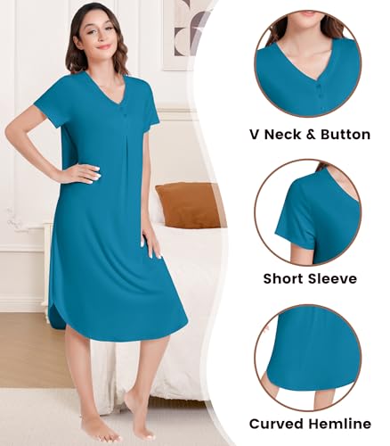 Image of NACHILA Bamboo Viscose Nightgowns for Women Short Sleeve V Neck Sleepwear