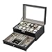 Tebery 12 Slots Black Watch Box PU Leather Case Organizer with Jewelry Drawer for Storage and Display