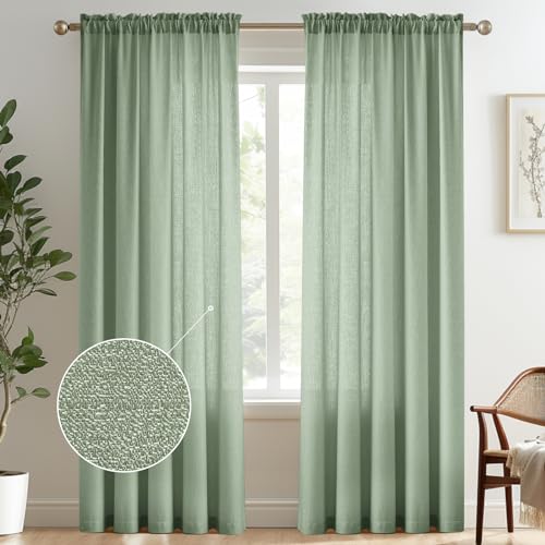 Melodieux Cortinas semitraslúcidas color verde salvia de 96 pulgadas de largo para sala de estar, dormitorio, textura de lino sintético, bolsillo para cortinero, cortinas traslúcidas brillantes