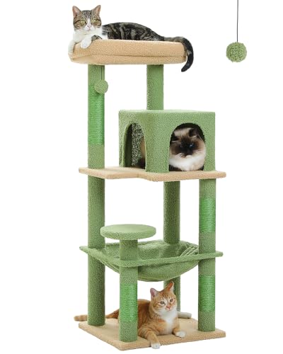 Image of MUTTROS Cactus Cat Tree for Indoor Cats, 45.7 inch Multi-Level Cat Tower with Large Metal Frame Hammock, Cat Condo with 4 Scratching Posts and Top Perch, Green