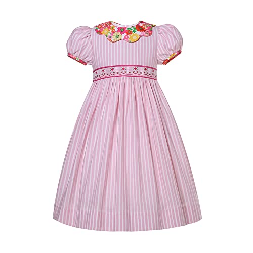 Girls Cute Pink Stripe Casual Smock Clothing Teenage Kids Pretty Smocked Embroidery Party Dresses