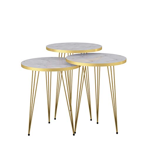 Pak Home Set Of 3 High Gloss White Marble Gold Legs Nesting End Tables Round Wood Stacking Coffee Side Accent Table With Metal Legs For Living Room, Home Office, Nightstands For Bedroom #TOP6