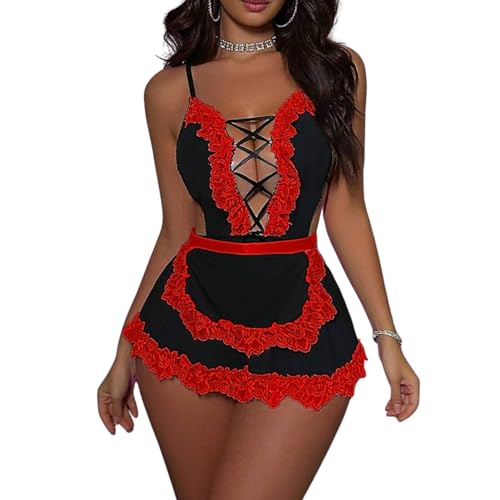 Gatamiau Tenue Femme de Chambre Sexy Costume Maid Soubrette Dentelle Tablier Robe Babydoll Uniforme V Profond Cosplay Jeu Rôle Halloween Lune Miel Blanc+Noir Rouge+Noir (Rouge + Noir, L)