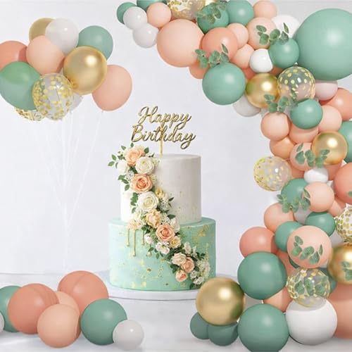 Image of Sage Green Retro Balloon Arch Kit 66 Pcs - Green, Peach, White & Gold Chrome Balloons for Birthday, Baby Shower, Anniversary & Party Decorations of Men Women Boys Girls