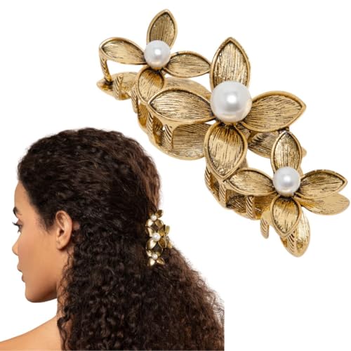 Image of Radhu & Kabby Antique Golden Floral Hair Claw Clip for women | Pearl Embellished | Elegant Strong Hold Hair Accessory for Wedding, Party & Festive Styling | Pack of 1