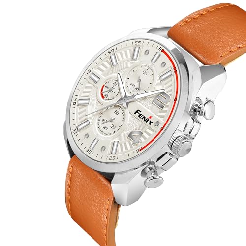 Image of FENIX Watch for Men, White Diel, Brown Leather Strap (Brown)