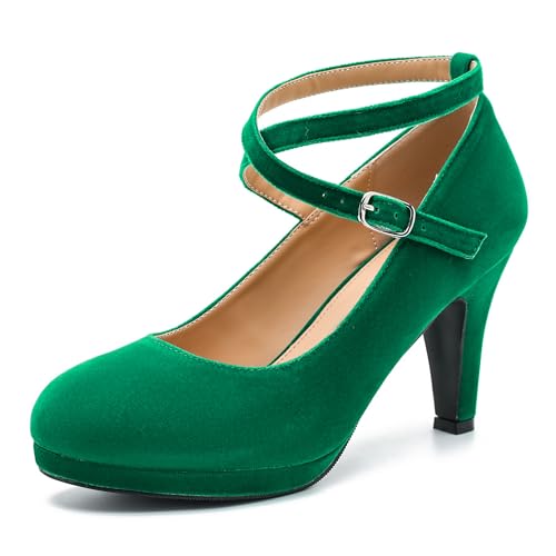 LIURUIJIA Women's Platform High Heels Sexy Cross Ankle Strap Pumps Wedding Work Party Dress Shoes Green Velvet 8.5