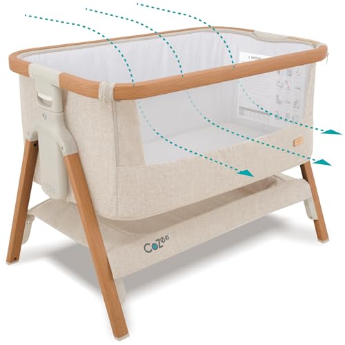 Tutti Bambini CoZee® 2-in-1 Baby Bassinet & Bedside Sleeper - Fast-Folding Bedside Bassinet, Baby Crib with 6 Mattress Heights & Breathable Mesh Window, Mattress Included, 0-6 Months (Walnut & Ecru)