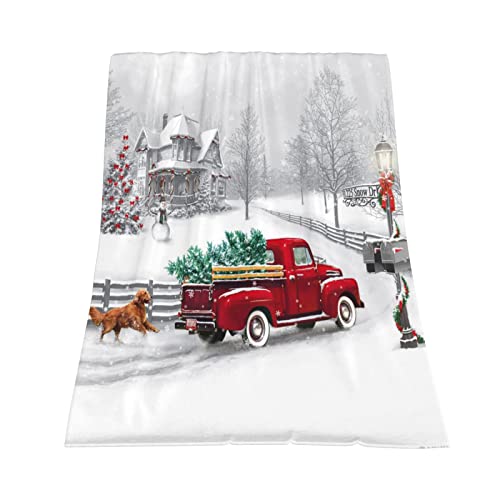 JOOCAR Christmas Throw Blanket Winter Holiday Snow Red Truck and Dog Fannel Blanket Soft Plush Warm Throw Blanket for Bed Couch Living Room Sofa Chair(White