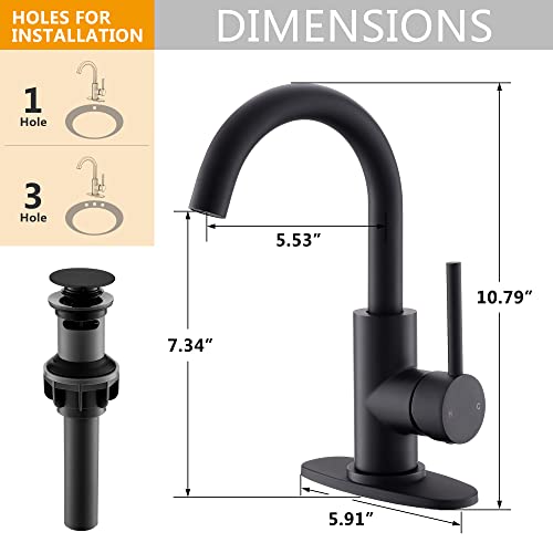 Matte Black Single Handle Bathroom Sink Faucet, 360° Swivel Spout Bar Sink Faucet With Deck Plate 4 Inch Centerset Black Bathroom Faucet With Pop-Up Drain Black Bathroom Lavatory Vanity Faucet #TOP5