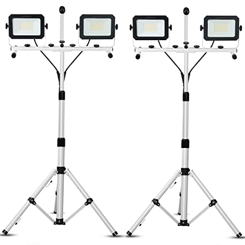 10000 Lumen LED Work Light with Stand, Dual Head Work Light, Waterproof Lamp with Individual Switch, Adjustable Metal Telescoping Tripod with Power Cord UFOND （2 Pack）