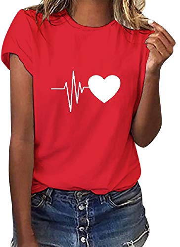 Tuopuda Camiseta de Mangas Cortas Mujer Corazón Impresión tee Clásico con Cuello en Redondo Basica Camiseta Ligera de Algodón Ablandado Verano Casual Tops(Rojo,L)