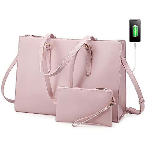 LOVEVOOK Laptop Bag for Women, Fashion Computer Tote Bag Large Capacity Handbag, Leather Shoulder Bag Purse Set, Professional Business Work Briefcase for Office Lady, 2PCs, 15.6-Inch, Light Pink
