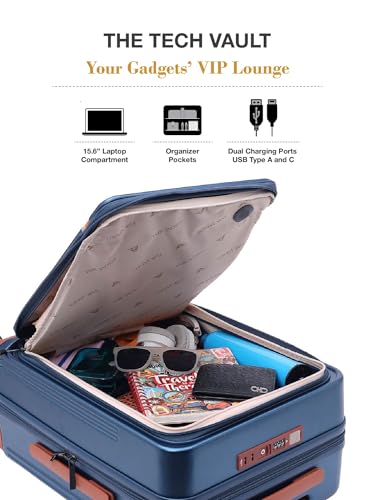 Image of FUR JADEN The Aviator TechPro 55cm German Polycarbonate Travel Luggage Cabin Suitcase with USB Port, Laptop Compartment, 8 StealthTech Shock Absorbing Wheels, TSA Lock (Cobalt Navy, Cabin 20 inch)