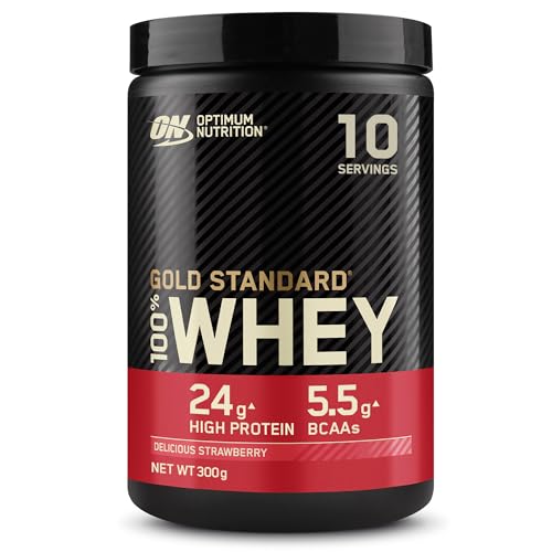 Optimum Nutrition Gold Standard 100% Molkenproteinpulver für Muskelaufbau und -regeneration mit natürlich vorkommendem Glutamin und BCAA-Aminosäuren, Delicious Strawberry, 10 Portionen, 300 g