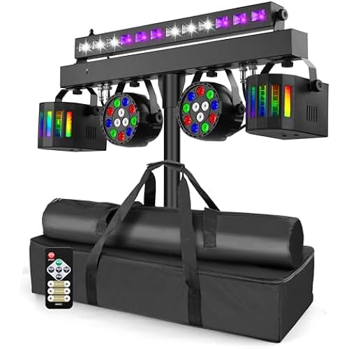 Telbum DJ Lights Stand for Parties - Professional 5in1 LED DJ Lighting System with Stand, DMX512, Sound Activated Stage Lights Package for Wedding Live Band Disco Club Gig Bar Booth Show Events