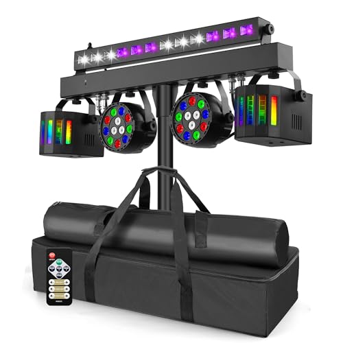 Telbum DJ Lights Stand for Parties - Professional 5in1 LED DJ Lighting System with Stand, DMX512, Sound Activated Stage Lights Package for Wedding Live Band Disco Club Gig Bar Booth Show Events