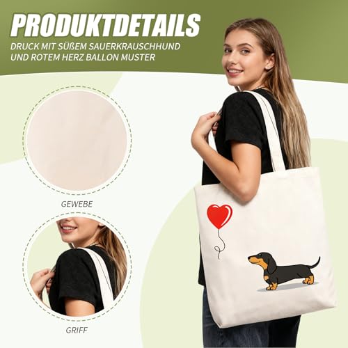 Snyvpra Dackel Tasche, Herzballon Dackel Motiv Stofftasche Mit Hohem Fassungsvermögen, Wiederverwendbare Einkaufstasche Perfekt Für Dackel Geschenke, Alltagsgebrauch, Einkaufen Und Mehr