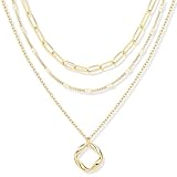 Layered Necklaces for Women,14k Gold Plated Dainty Stackable Choker Necklaces for Women,Trendy Layering Circle Paperclip Chain Pendant Jewelry Set Gifts