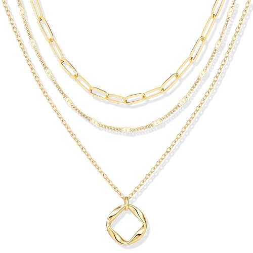 Layered Gold Necklaces for Women, Stackable Dainty 14K Gold Silver Plated Trendy Circle Paperclip Chain Pendant Choker Necklace,Simpl Diamond Cross Bow Jewelry Set Gifts for Women