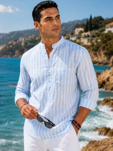 Image of Majestic Man Men's Pure Cotton Striped Mandarin Collar Slim Fit Roll-Up Sleeves Short Kurta