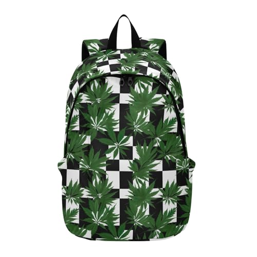 MCHIVER Travel Backpack Green Lleaf Checkerboard Casual Daypack Backpacks Lightweight Carry on Bag Water Resistant Hiking Backpack for Women and Men