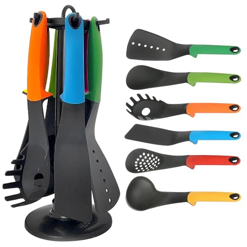 Daniel James Kitchen Utensil Set - 6 Piece Non Stick Cooking Tools with Rotating Stand - Heat Resistant Cookware with Ergonomic Handles and Carousel Holder - Multicoloured