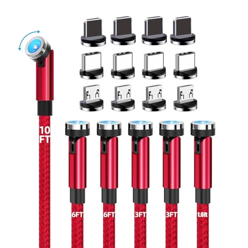 Magnetic Charging Cable, 540 Rotating Phone Charger [6-Pack, 1ft/3ft/3ft/6ft/6ft/10ft] 3 in 1 Nylon Braided USB Cable for Type C, Micro USB, iProduct (Red) image 4