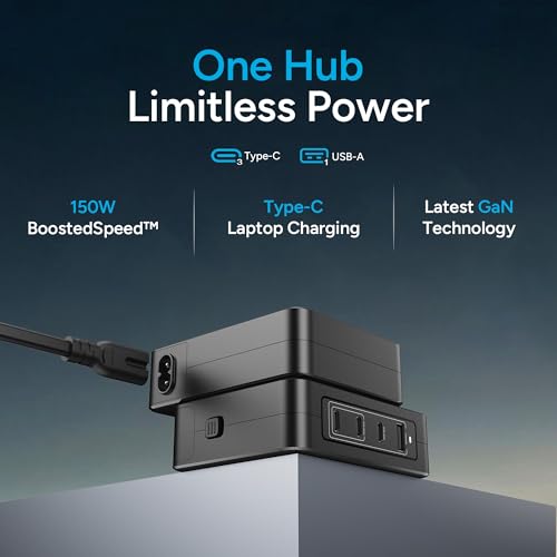 Image of Ambrane 150W Fast Charger for All Mobiles, Type C Laptops - MacBook All Models & Windows Type C Laptops, 4 Ports - 3 Type C, 1 USB, GaN Adapter, Long Cable, Perfect for Table (RAAP HUB 150 Black)