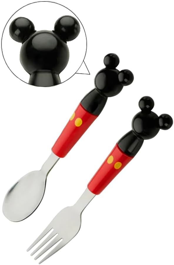 BrainGiggles Mickey Mouse Stainless Steel Spoon and Fork Kids Cutlery Set | Children Tableware Flatware | Ergonomic Portable Kids Cutlery Set