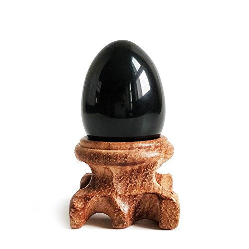 Negro Obsidiana huevo de Gemstone Sphere con soporte de madera para equilibrio de curación Chakra de meditación y decoración del hogar