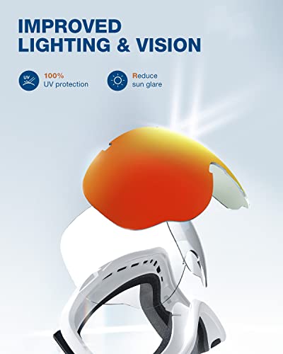Zionor Lagopus Ski Snowboard Goggles Uv Protection Anti Fog Snow Goggles For Men Women Adult Youth Vlt 16% White Frame Mirrored Red Lens #TOP3