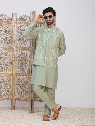 Mens Silk Kurta Trouser Set With Embroidered Waistcoat (Nehru Jacket) (C-127)2