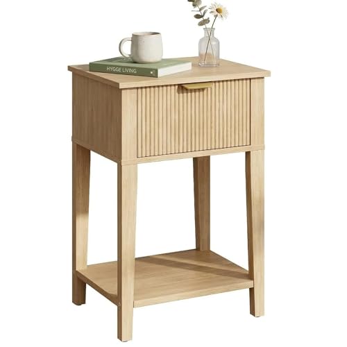 FurniXpress Fluted Wood Nightstand with Drawer, Small 12" Shallow Depth Bedside Table, Boho Japandi Compact Accent End Table, 15" W x 12" D x 23" H, Oak