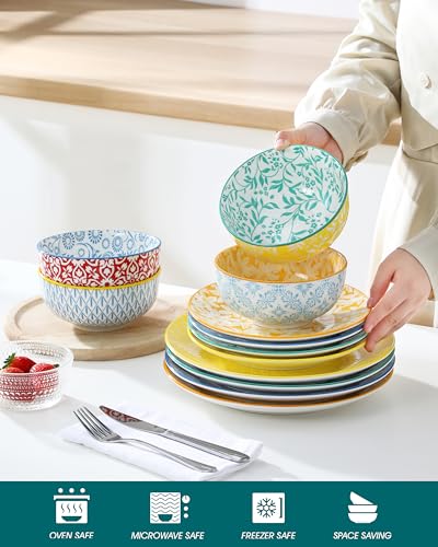 Image of vancasso SELENE Plates and Bowls Set for 4, 12 Pieces Dinnerware Sets, Mircowave and Dishwasher Safe Dishes Set, Porcelain Pastel Dinnerware