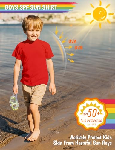 Image of Boy's UPF 50 Rash Guard Swim Shirts Short Sleeve Sun Protection SPF Fishing Surfing Water Beach Shirts Quick Dry