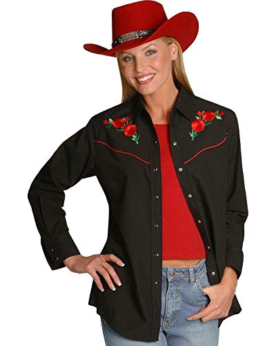 ELY CATTLEMAN Women's Long Sleeve Western Shirt with Red Rose Embroidery, Black, M