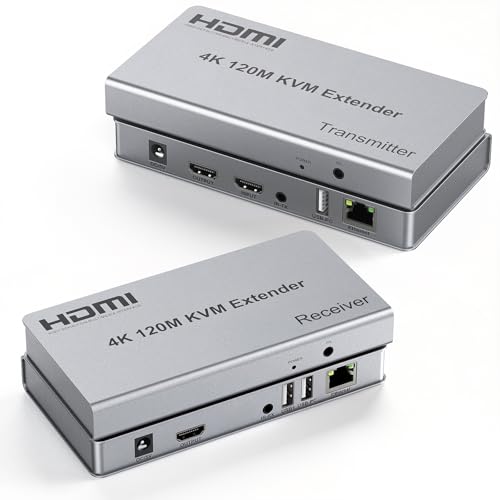 4K HDMI KVM USB Extender 393ft Over Cat6 with Both Audio Port Loop Out IR HDMI Over Ethernet Keyboard Mouse Extension for PC DVR NVR TV Monitor Projector