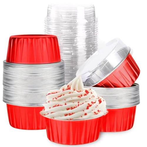 Mini Aluminum Foil Cupcake Baking Cups with Lids (40pcs, 5oz) Round Cupcake Foil Liners Tart Pie Tin Pan Holder - Disposable Mini Cake Containers Flan Molds for Pudding, Souffle, Party, Wedding