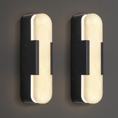 HPTHLY 13.8'' Brass Alabaster Wall Sconces Set Of Two, Natural Marble Wall Light,Gold Vanity Light Fixtures For Bathroom,Bedside Wall Lamp For Bedroom, Hallw(Black-13.8In2Pk)