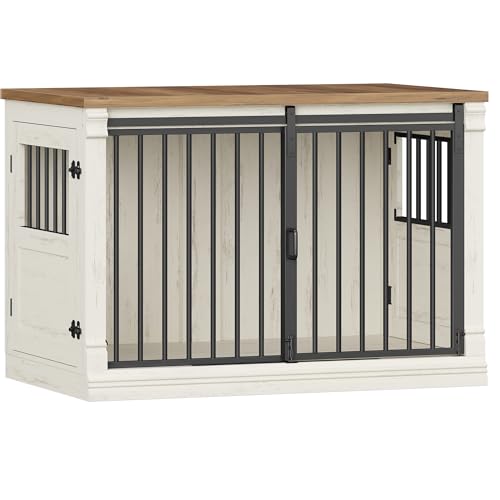 HEXCELEN 101cm Hundekäfig-Möbel, Hundebox Holz, Hundebox für Zuhause mit 3 Türen, Schiebetüren, für Kleine, Mittlere, Große Hunde, Robuster, Beistelltisch, 101 × 60,5 × 70 cm, Weiß Braun