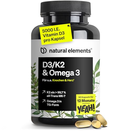 natural elements Vitamin D3 + K2 + Omega 3 – Premium K2VITAL® von Kappa 99,7+% All-Trans K2 – Premium Omega 3 in Triglycerid Form und bioverfügbares D3 – in Deutschland produziert & laborgeprüft