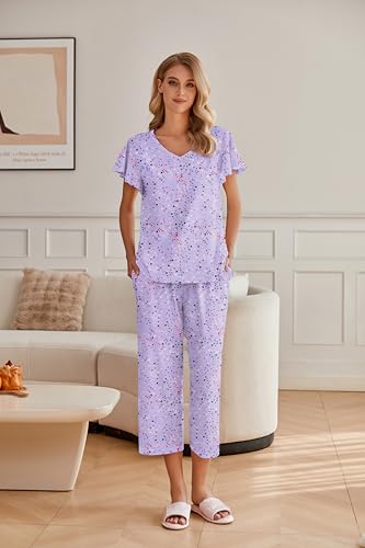 Image of Ekouaer Womens Cotton Pajamas Sets Short Sleeve Capri Pants with Pockets