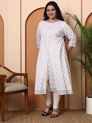 Image of Yash Gallery Women's Cotton Relaxed Fit Anarkali Plus Size Gold Printed Kurta