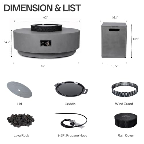 Image of Gas Fire Pits for Outside Patio, 42 Inch 3-PC Propane Fire Pit Table | 65,000 BTU Round Gas Firepit, with Wind Guard, Tank Cover, Rain Cover and BBQ Grill for Garden, Patio, Grey